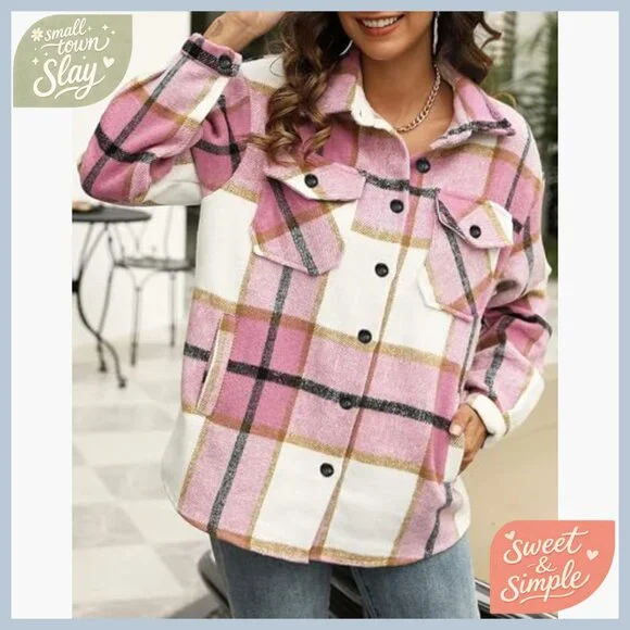 Long Sleeve Flannel Shacket Plaid Button Down Shirt Loose Fit - Picture 2 of 6